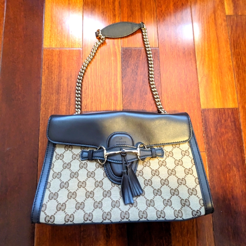 Gucci emily original canvas chain shoulder bag, beige logo canvas, brown leather